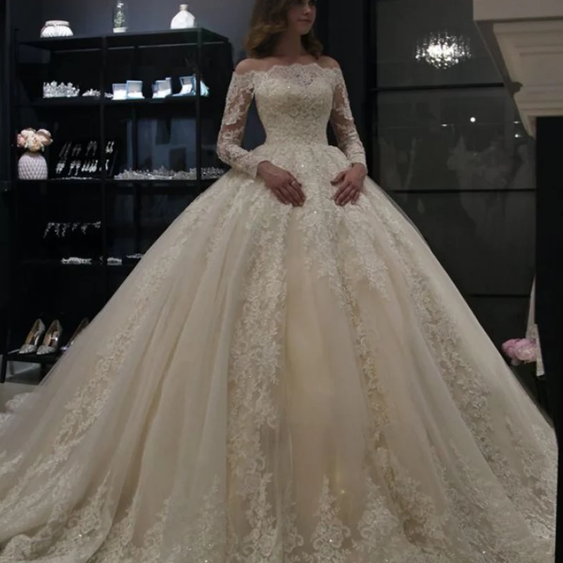 Long Sleeves Lace Appliques Bridal Corset Wedding Dresses Vintage