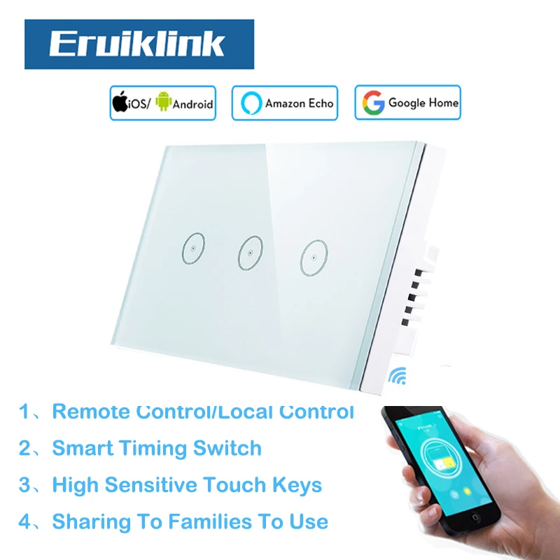 Настенный смарт-выключатель Eruiklink Wi-Fi сенсорный экран 3 клавиши работает с Alexa для