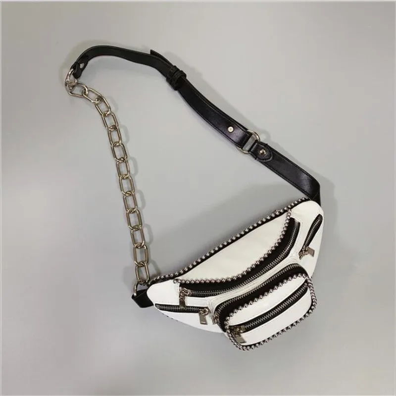 

Natural Cowhide Real Genuine Leather Studed Rivets Chain Chest Waist Bum Belt Packs Crossbody Shoulder Bags Women Female