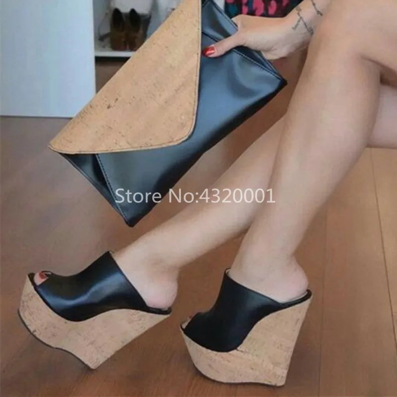 

New Summer Peep Toe Soft Leather Platform Wedges High Heels Open Toe Mujer Super High Heel Women Mules Black Shoes Woman