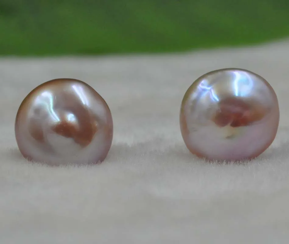 

14-15mm flat coin pink&purple freshwater pearl studs earring Free shipping