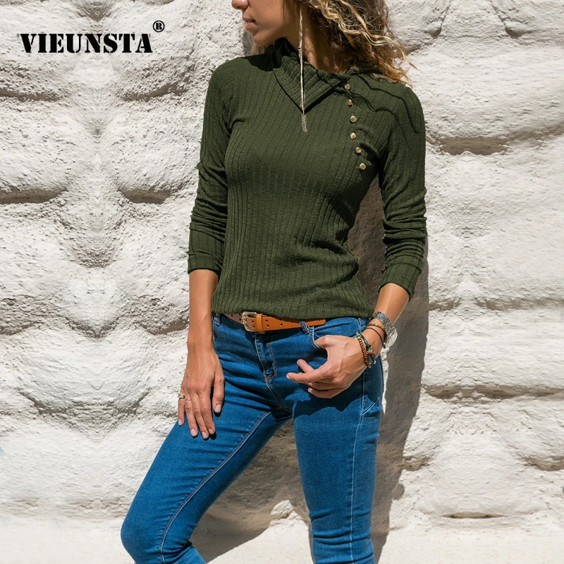 

VIEUNSTA Women Irregular Wrap Pullover Sweater 2018 Fashion Button Rib Knitted Tops Jumper Autumn Winter Warm Womens Clothing