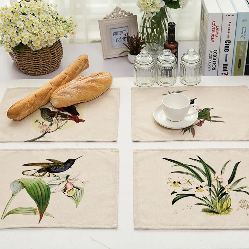 Pastoral 42x32cm Kitchen Dinner Table Mats Cotton Linen Table Napkin Flower Bird Pattern Decorative Placemats Coaster Wine Mat