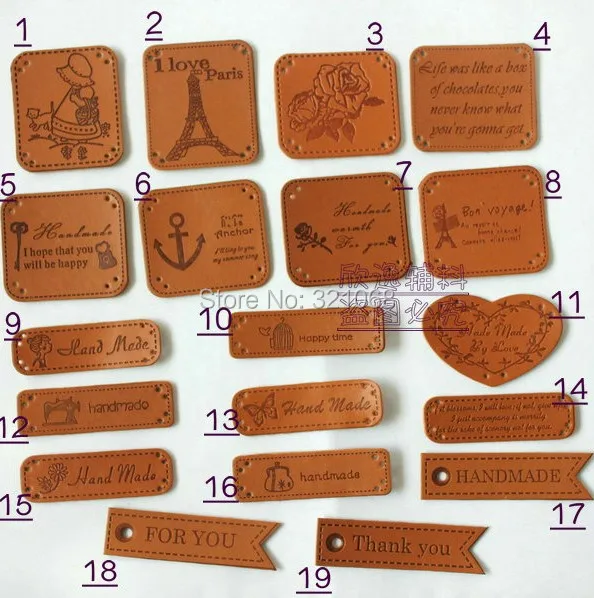 

38PCS Assorted 19design Zakka DIY Embossed Handmade PU leather labels/patches, for for Tailor Craft Bag purse