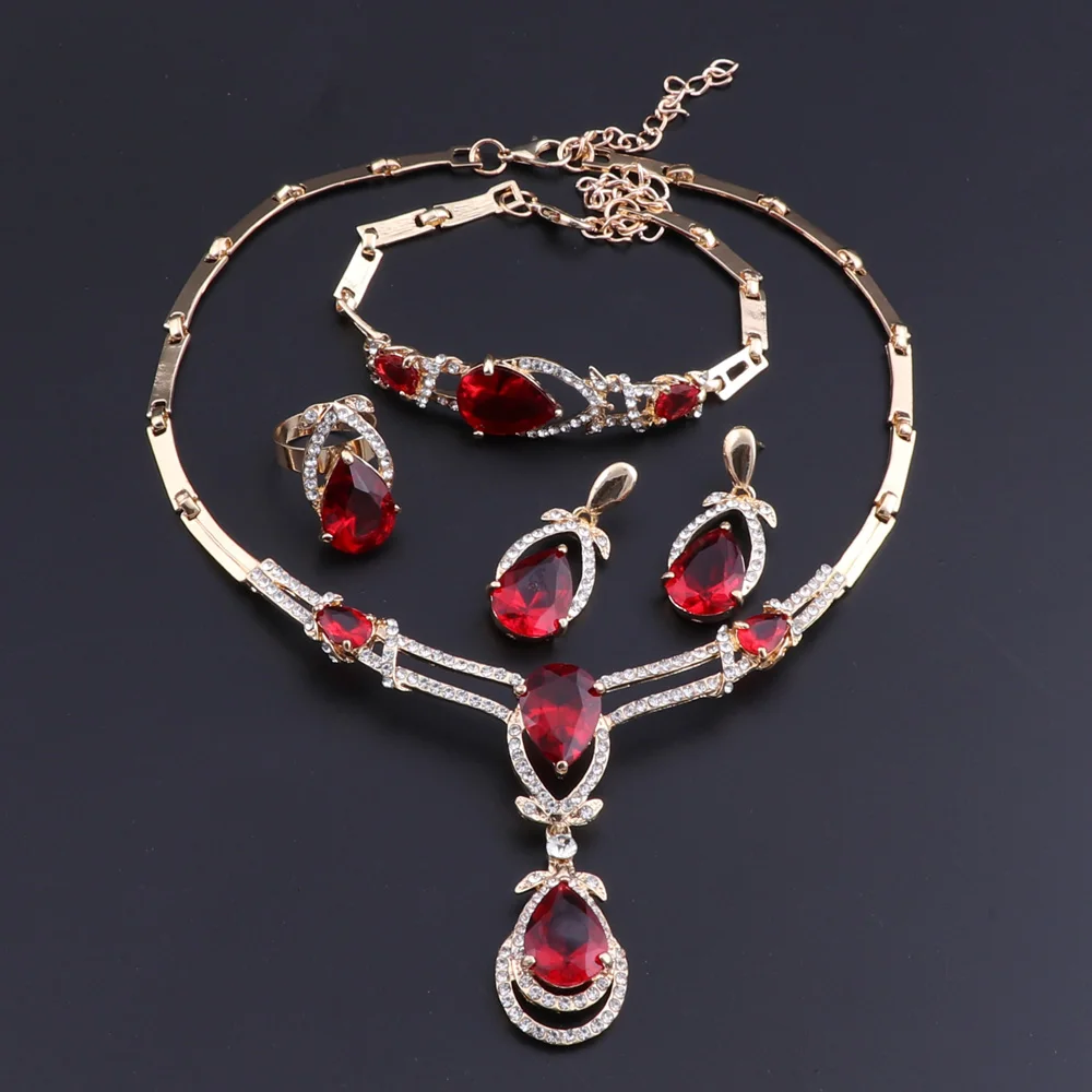 

OEOEOS Vintage Water Drop Red Garnet Gold Color Jewelry Sets Earrings Bracelets Set Necklace Pendant Rings For Women