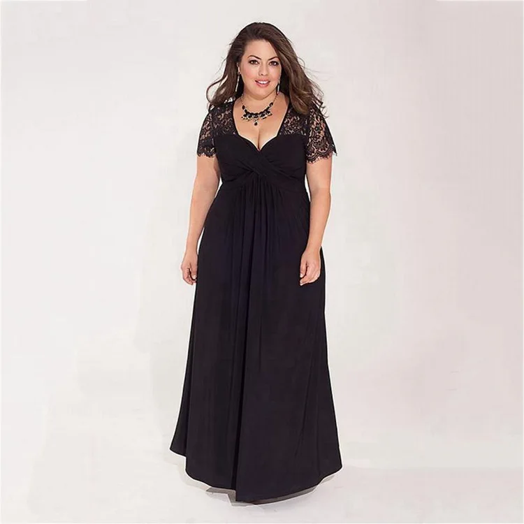 Party Longo Vestidos Big Women Black Lace Yoke Ruched Twist High Waist Plus Size Gown Dress with Short Sleeve (1)