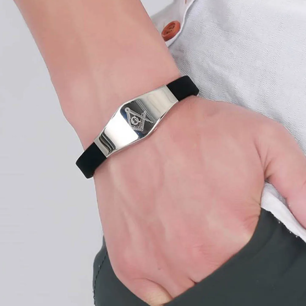 

2019 New Black Silicone Stainless Steel Masonic Symbol Bracelet Fashion Gift For Men