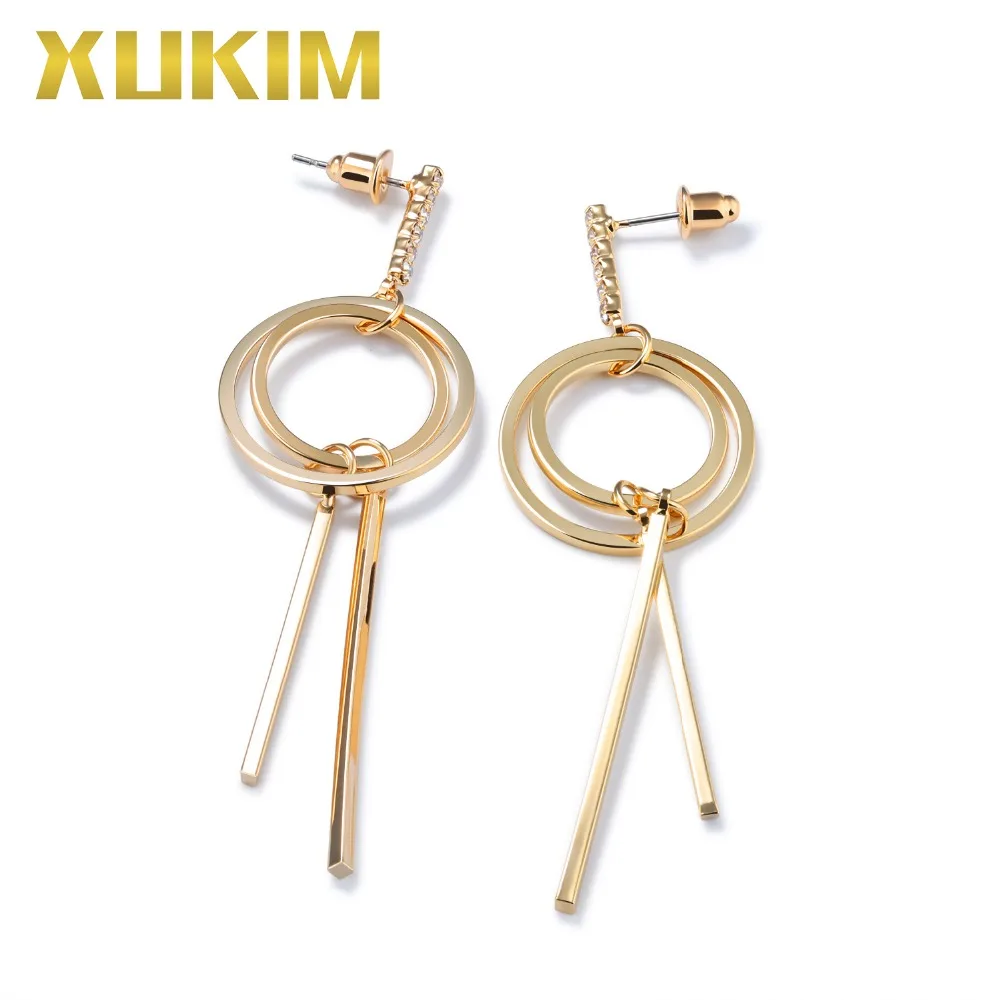 

Xukim Jewelry Elegant Trendy Simple Design Geometric Round Hoop Strips Gold Color Drop Dangle Earrings Jewelry Gift Party Women