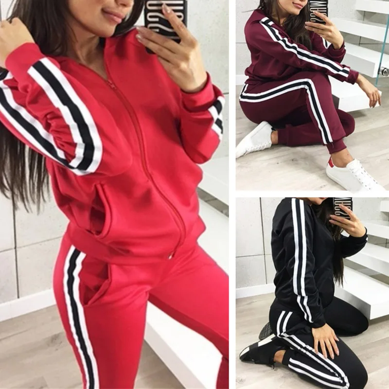 

REDCORE Spring 2019 Striped Print Sweatshirt Two Piece Set Women Casual Women Zipper Tops + Trousers Tracksuits Women Set TZ231