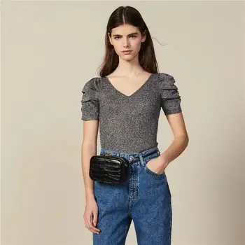 

2019 autumn and winter new women's V-neck puff sleeve short-sleeved sweater