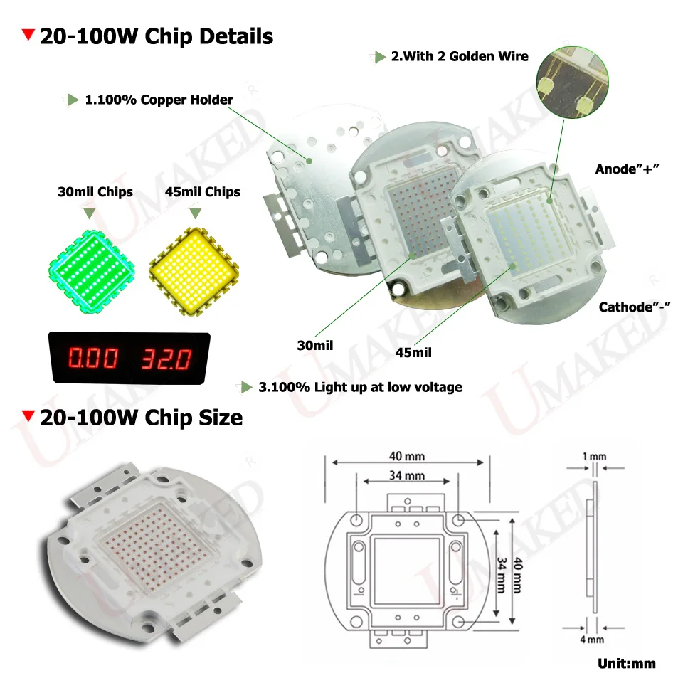 UMAKED High Power LED Chips 1W 3W 5W 10W 20W 30W 50W 100W Bulb SMD COB Diode Red 620-625nm Deep Red 660nm for Grow Lights Source