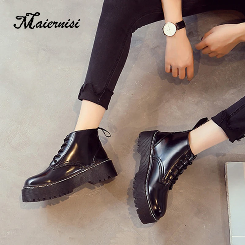 

MAIERNISI Ankle Boots For Women Motorcycle Boots Chunky Heels Casual Lacing Round Toe Platform new fashion Boots Shoes Female