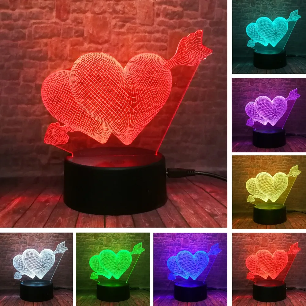 3D стрелы через сердце светодиодный ночник романтическая лампа освещение