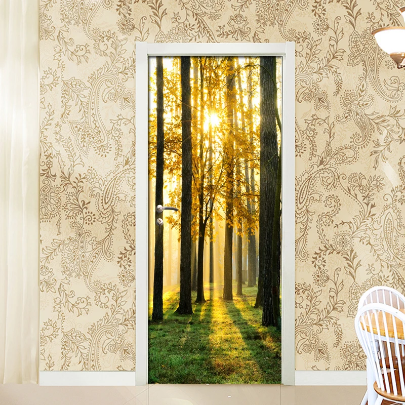 

Woods Sunshine Landscape Mural Door Sticker PVC Self-adhesive Waterproof Living Room Bedroom Decor Wall Decor Wallpaper Poster