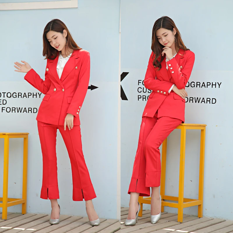 Women Pant Suit Double breasted Notched Blazer & Pants Casual Work Wear