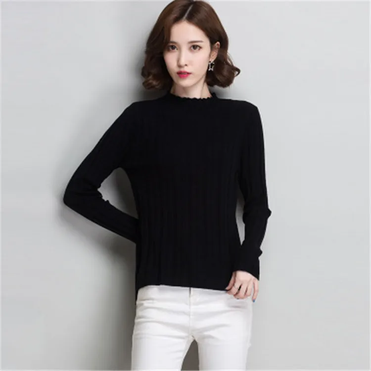 100% тонкий шерстяной вязаный женский корейский стиль невысокая горловина тонкий пуловер свитер сплошной цвет один и более размер оптом