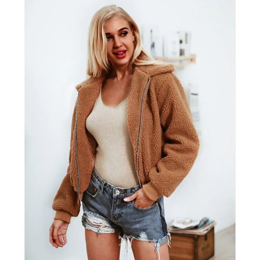 Лидер продаж Для женщин Повседневное Faux Shearling Coat плюшевые свободные хаки теплые