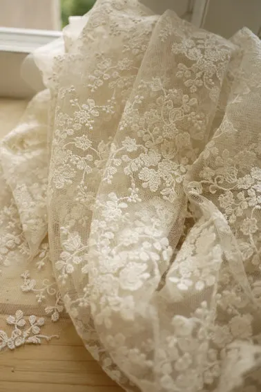 

SALE Ivory Lace Fabric, Wedding Fabric, French Embroidered Lace, wedding Dress Lace, Apparel Curtain Fabric Veil Lace