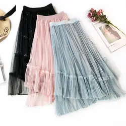 ZADORIN кружевная сетчатая Тюлевая юбка с оборками Асимметричные Плиссированные Длинные женские юбки 2019 корейская юбка в стиле бохо Blcak