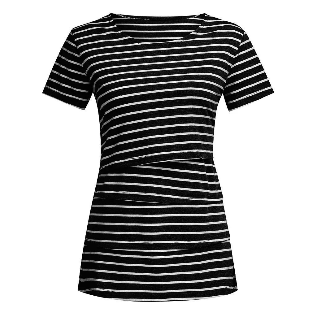 Женская блузка для кормления рубашки для беременных модная одежда в полоску с круглым вырезом и коротким рукавом топы для беременных Спортивная футболка
