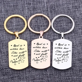 

God Is Within Her She Will Not Tall Dog Tag Pendant Keychain Set Jewerly Engraved Bag Charms Key Tag Keyrings Car Keytags