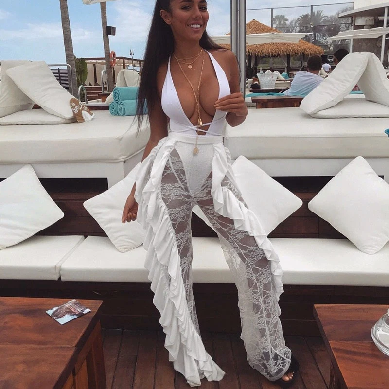 

Womens Flared Pants High Waist Leg Mesh Lace See Through Casual Long Trousers