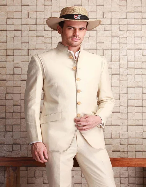 Sinple Fashion Stand Collar Beige Men Suits For Beach