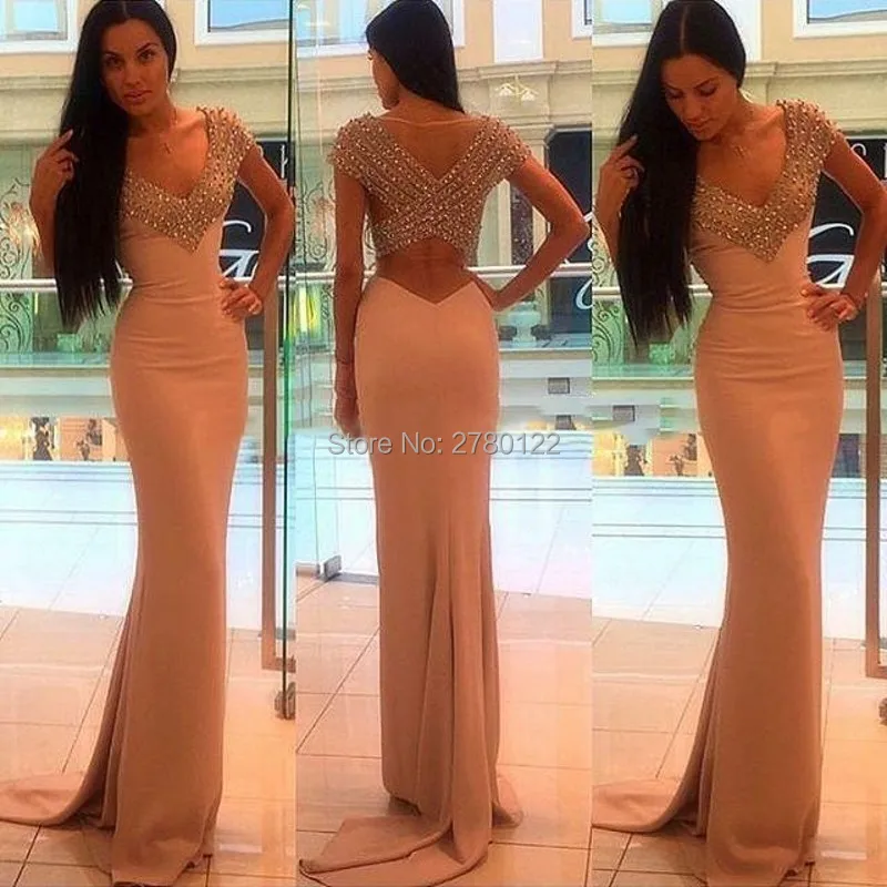 Vestido-De-Festa-2017-Sexy-V-neck-Cap-Sleeve-Mermaid-Evening-Dress-Fashion-Champagne-Beading-Long