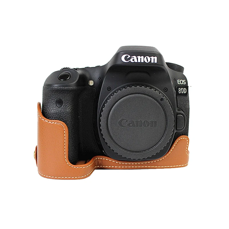 Натуральная Кожа Камера сумка чехол половина тела для Canon EOS 90D 80DII 80D 70D 60D DSLR с отверстием батареи - Цвет: Brown