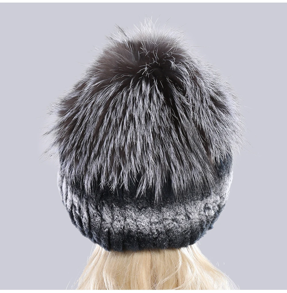 Новое поступление, зимняя женская вязаная шапка, настоящий мех кролика, хорошая эластичность, натуральный пушистый мех серебристой лисы, женские шапки из натурального меха