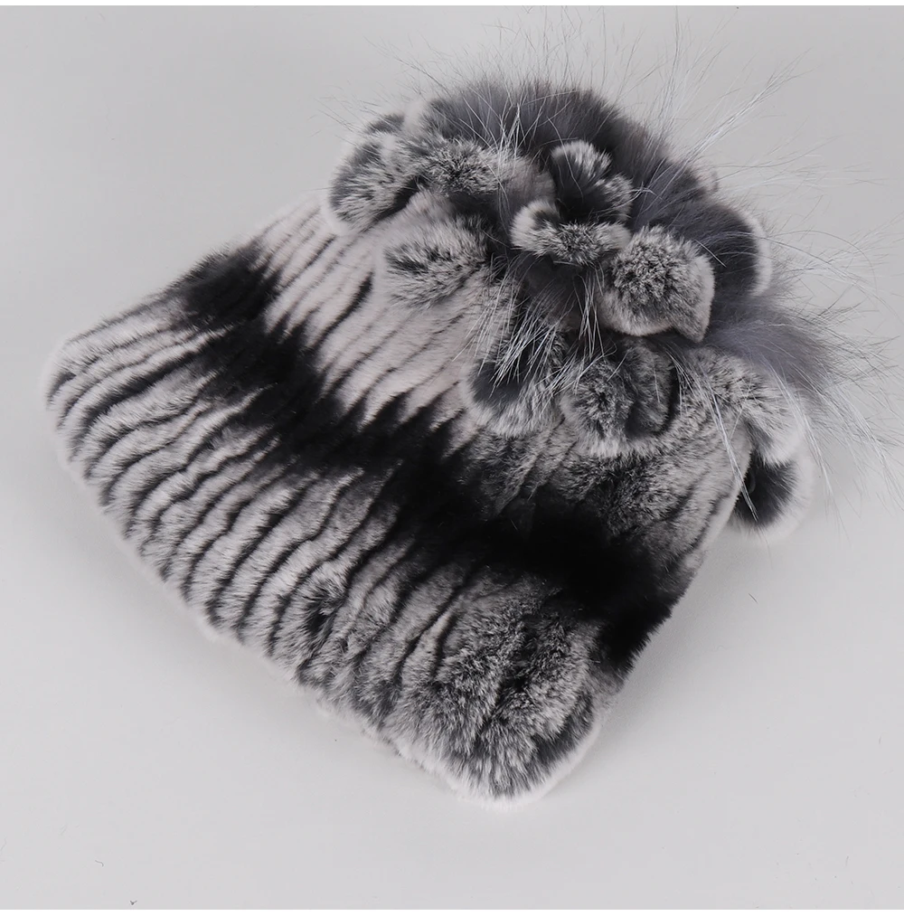 Хорошая эластичная вязаная женская шапка из меха кролика Рекс, зимняя теплая шапка из натурального меха, шапка в полоску, топ с цветком из лисьего меха, шапки s