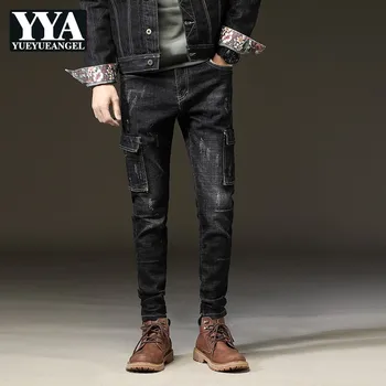 

Autumn New Multi Pockets Mens Hip Hop Denim Pencil Pants Scratched Stretchy Jeans Male Full Length Casual Skinny Jeans Trousers