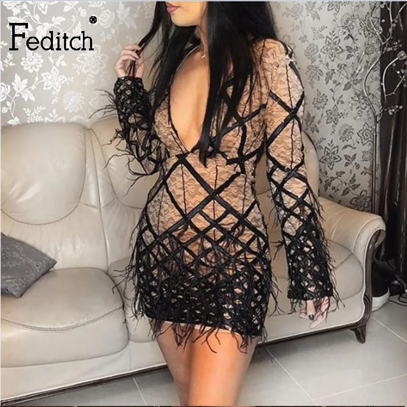 

Feditch 2019 Spring New Feather Party Dress Women Long Sleeve Vintage Sequin Women Dress Sexy Deep V Nightclub Elegant Vestidos