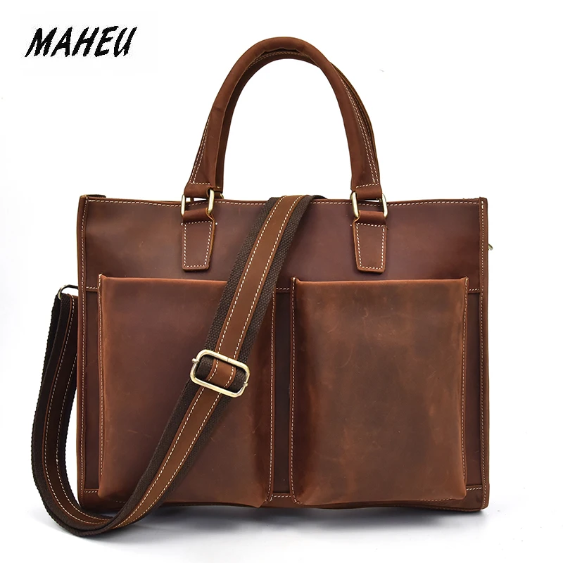 

MAHEU Leather Handbag Men 100% Cow Skin Briefcase With Shoulder Strap Laptop Handbag With 2 Front Pockets 2019 New Designer Bag