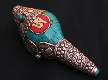 

TBC899 Tibetan 925 silver capped sea Snail handicrafts,5'',Buddhist collectibles,craved Cross dorje amulets