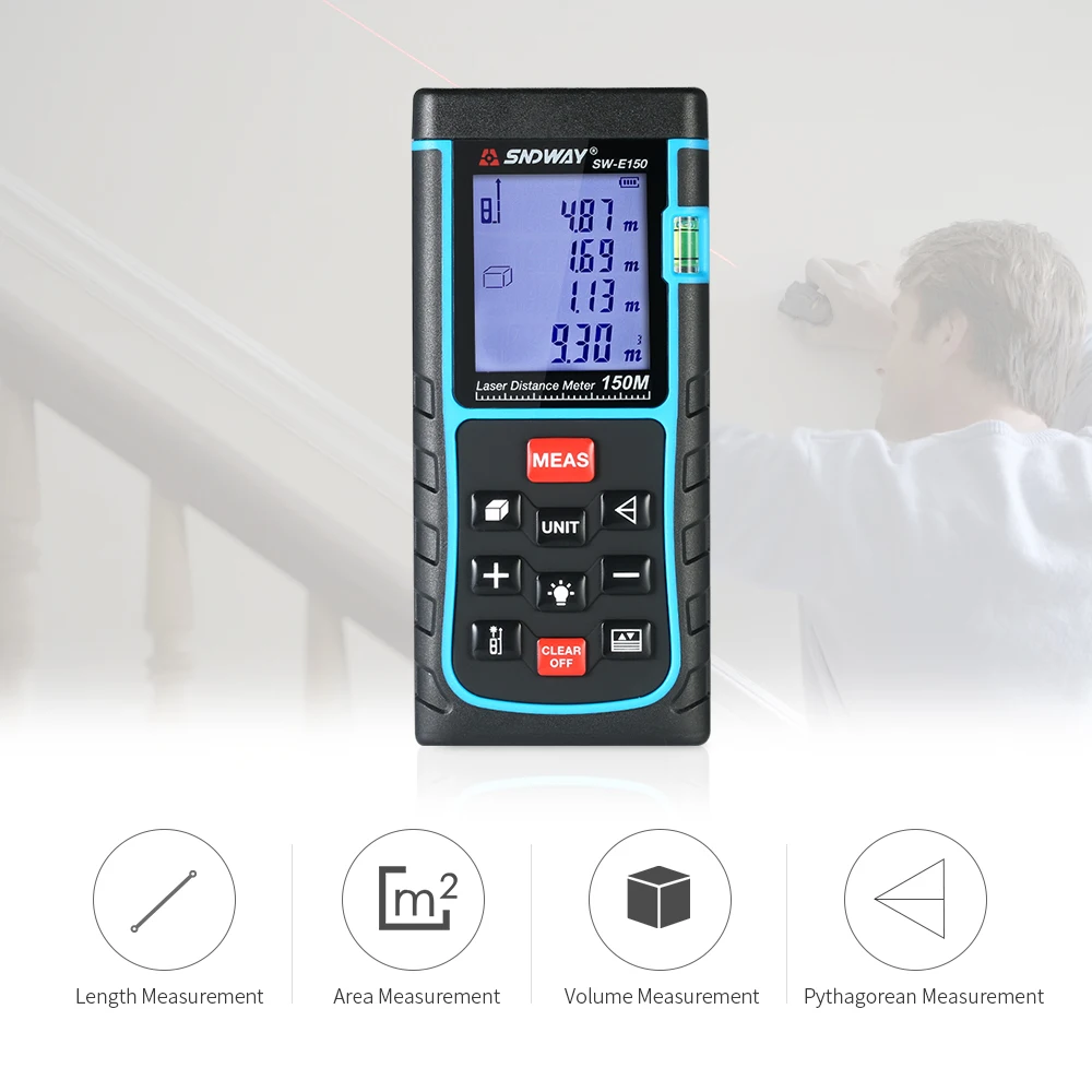 

150m Mini Handheld LCD Digital Laser Distance Meter Range Finder Distance Area Volume Measurement 100 Groups Data Storage