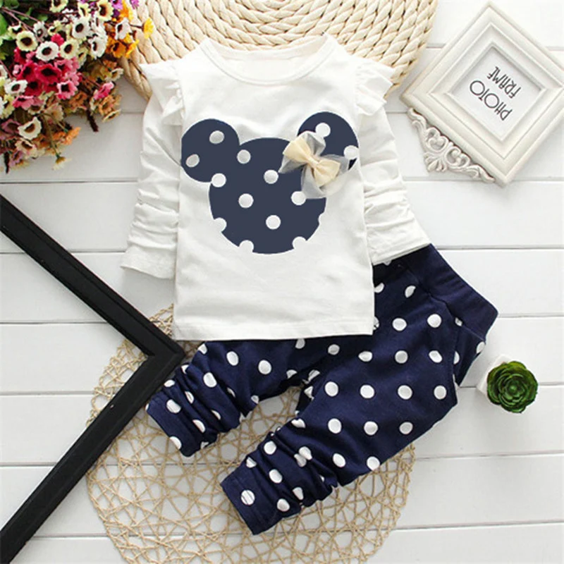 Spring children girls clothing sets mouse early autumn clothes bow tops t shirt leggings pants baby kids 2 pcs suit