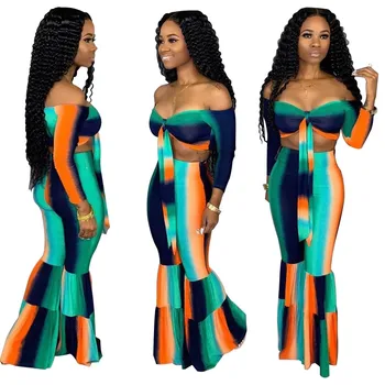 

Women Stripe Slash Neck Two Piece Set Fashion Bow Crop Top And Flare Pants Suit Casual Outfits Sexy Tracksuit