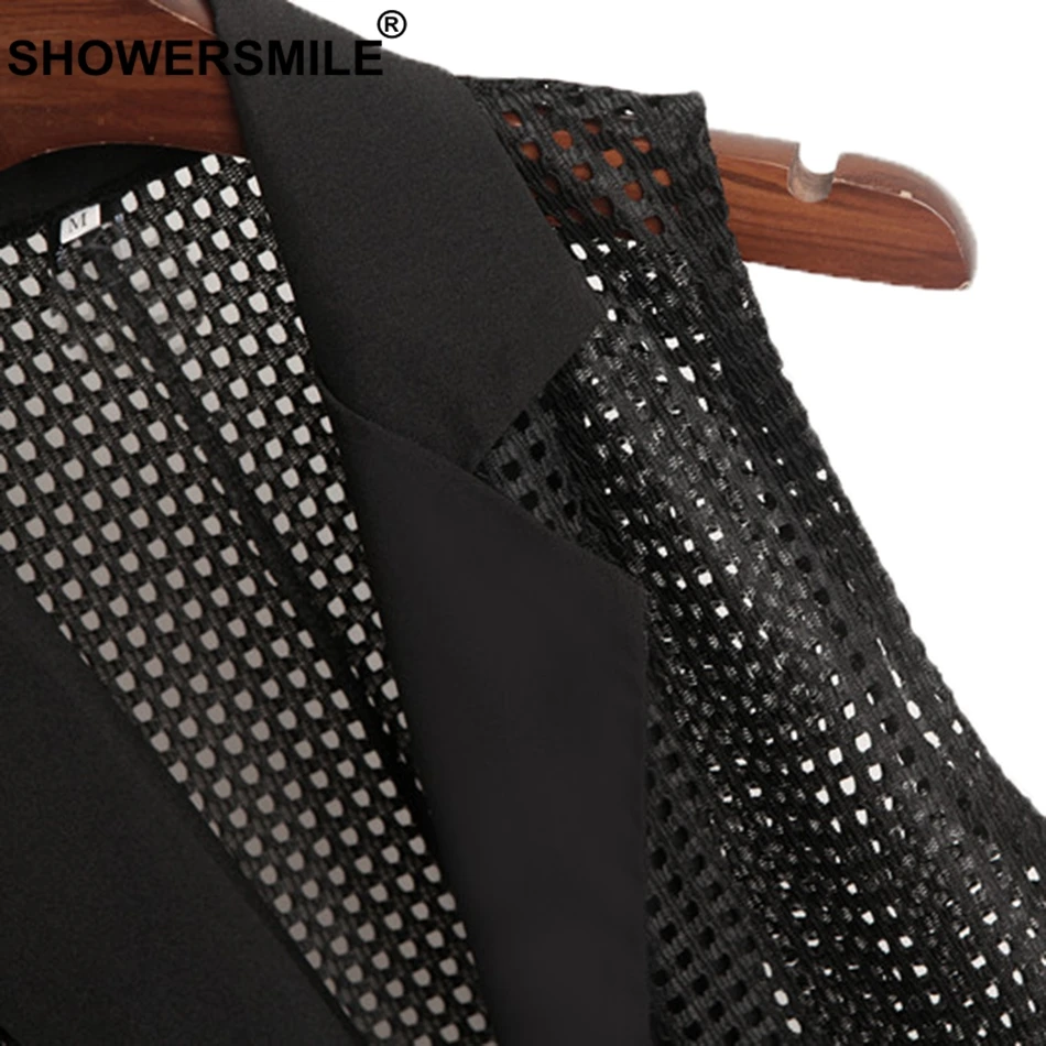 SHOWERSMILE Women Long Black Waistcoat Plain Hollow Out Vest Ladies Korean Style Solid Loose Female Summer Outerwear Jackets New