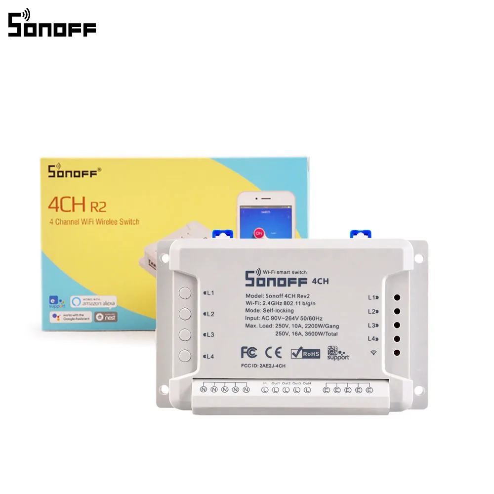 Sonoff 4CH R2 4 банда Wifi светильник смарт-переключатель, 4 канала электронный переключатель IOS Android приложение управление, работает с Alexa Google Home