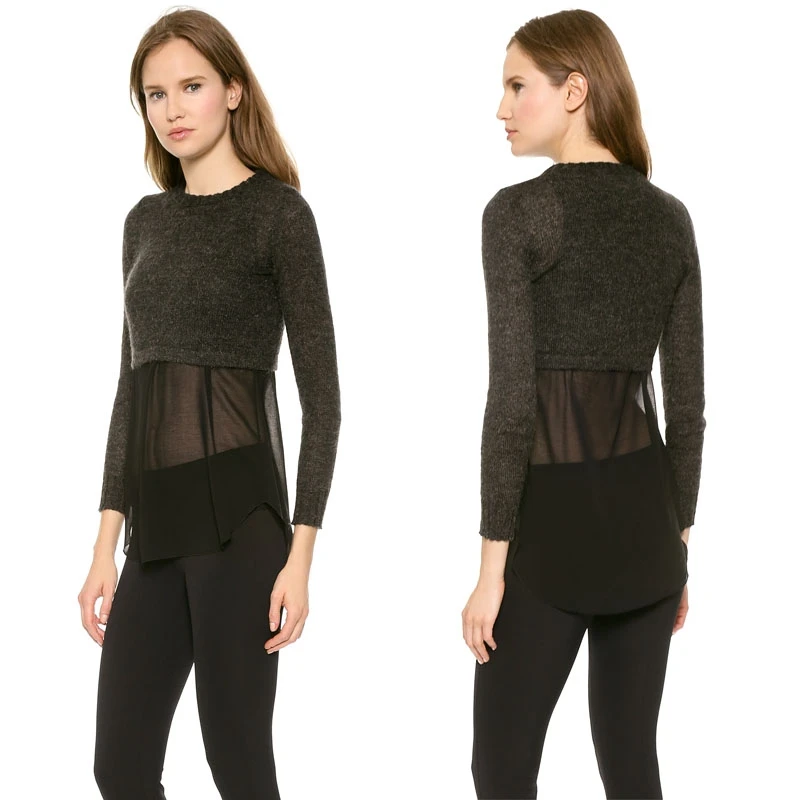 HYH HAOYIHUI 2018Autumn  Fashion sexy Solid Black Chiffon Contrast Women Sweater Female O-Neck Patchwork Casual Pullovers lady 