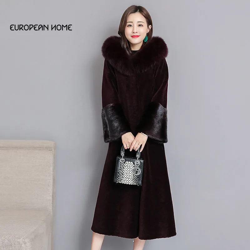 

New Winter Thick Warm Fur Coat Women High Quality Plus Size Lamb Fur Fox Fur Collar Hooded Faux Fur Jacket Women Long Coat