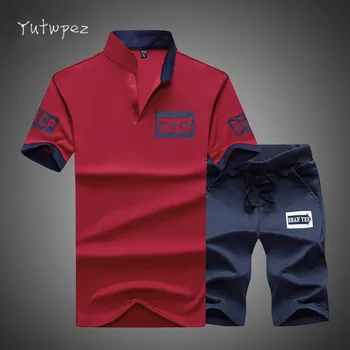 

Sportsuits Set Men 2019 Brand Fitness Suits Summer 2PC Top Short Set Mens Stand Collar Fashion 2 Pieces T-shirt Shorts Tracksuit