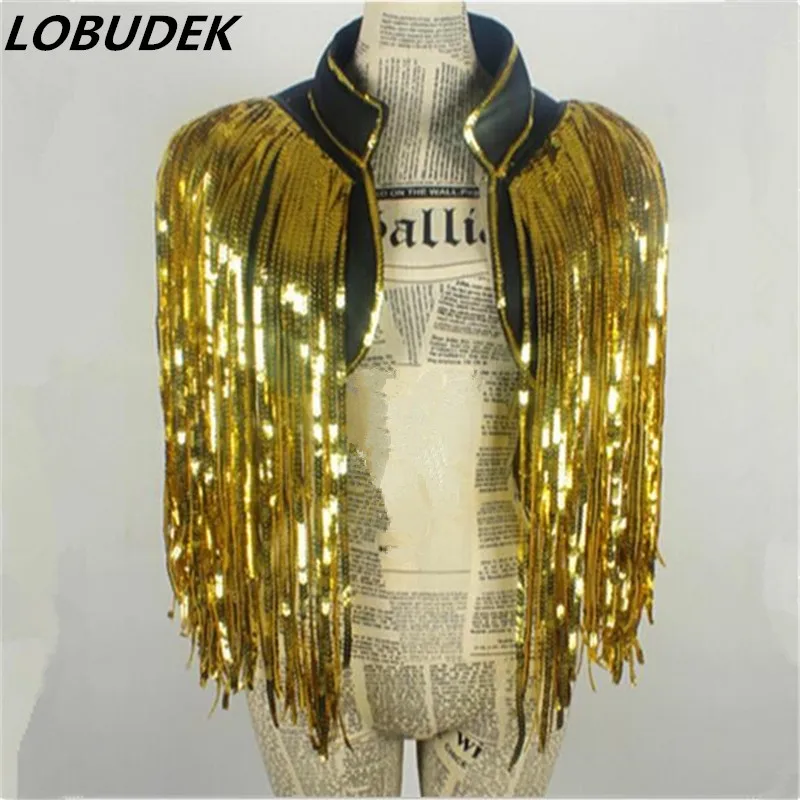 Gold Tassels Sequins Vest Waistcoat DS Costumes Dance Christmas Singer