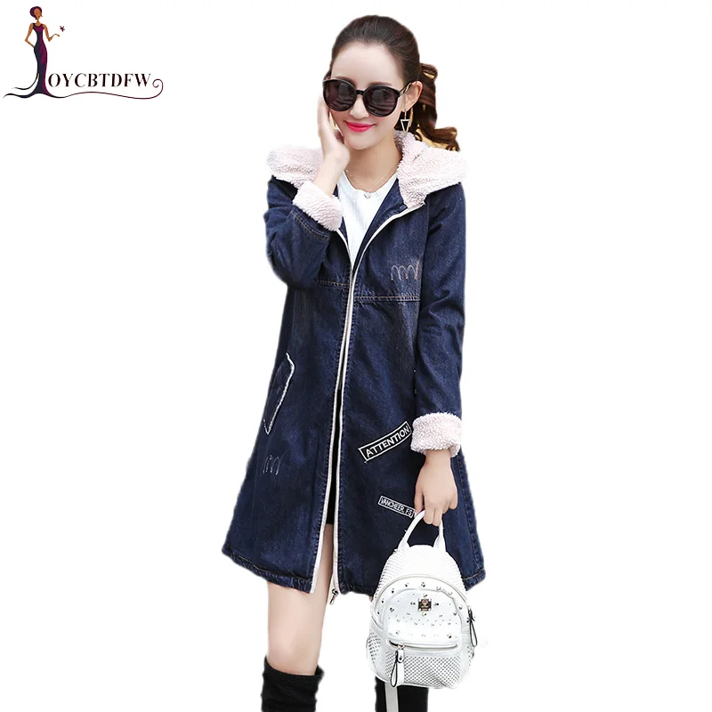 

Winter Jacket 2018 Women Fashion Medium long New thickening Denim Coat Long-sleeved Hooded Slim Denim women cotton Jacket DD254