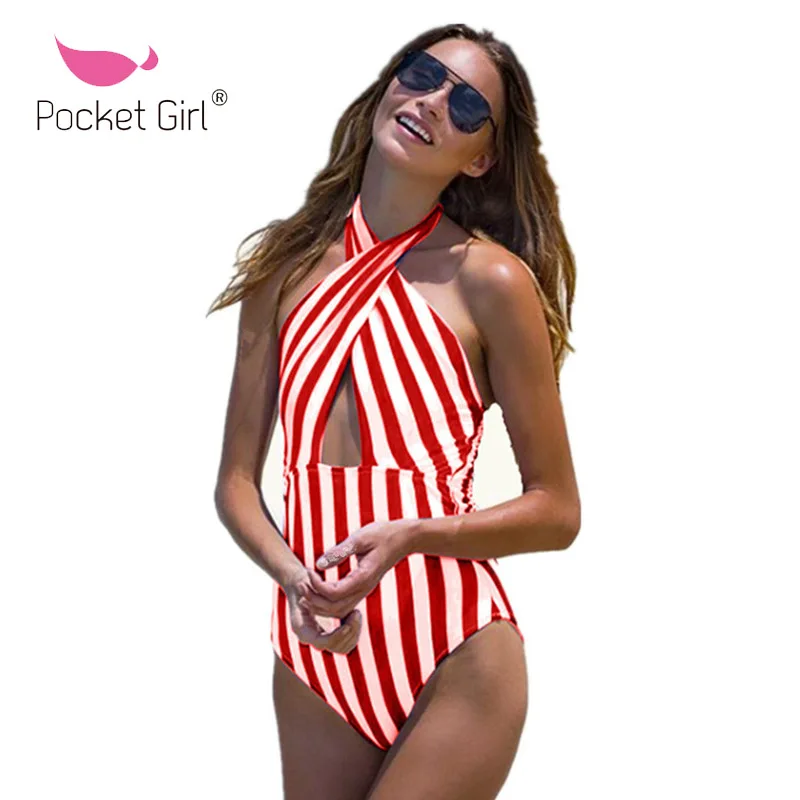 Pocket Girl 2019 Striped One Piece Swimsuit Women Swimwear Monokini