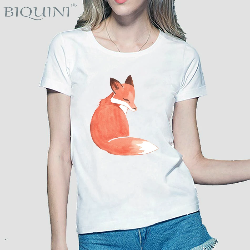 Sleeping Fox Print T-Shirt Summer Fashion Women T-shirt Woman Casual Tops Funny Animal Design Female Lovely Tees | Женская одежда