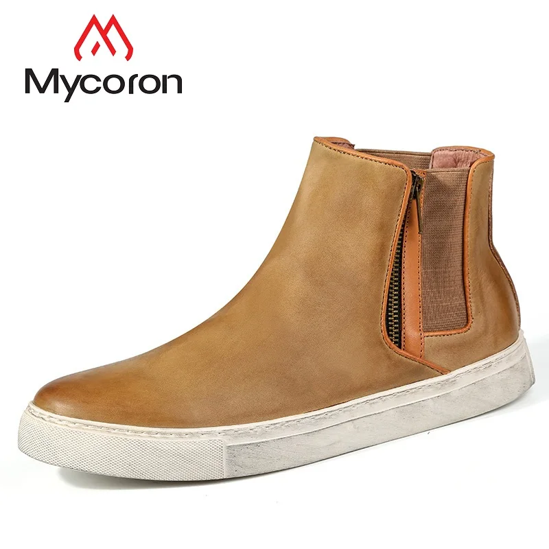 

MYCORON 2018 Genuine Leather Boots Fashion Brand Men Short Shoes Man Slip-On Chelsea Winter Man Boots Bota Masculina Couro