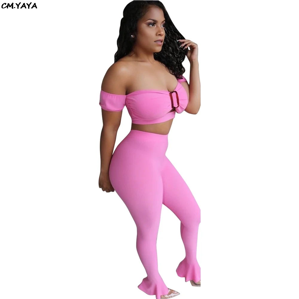 

2019 women buckle tie up off shoulder short sleeve crop top ruffles boot cut hem pants suit 2pcs set sexy tracksuit outfit 5208