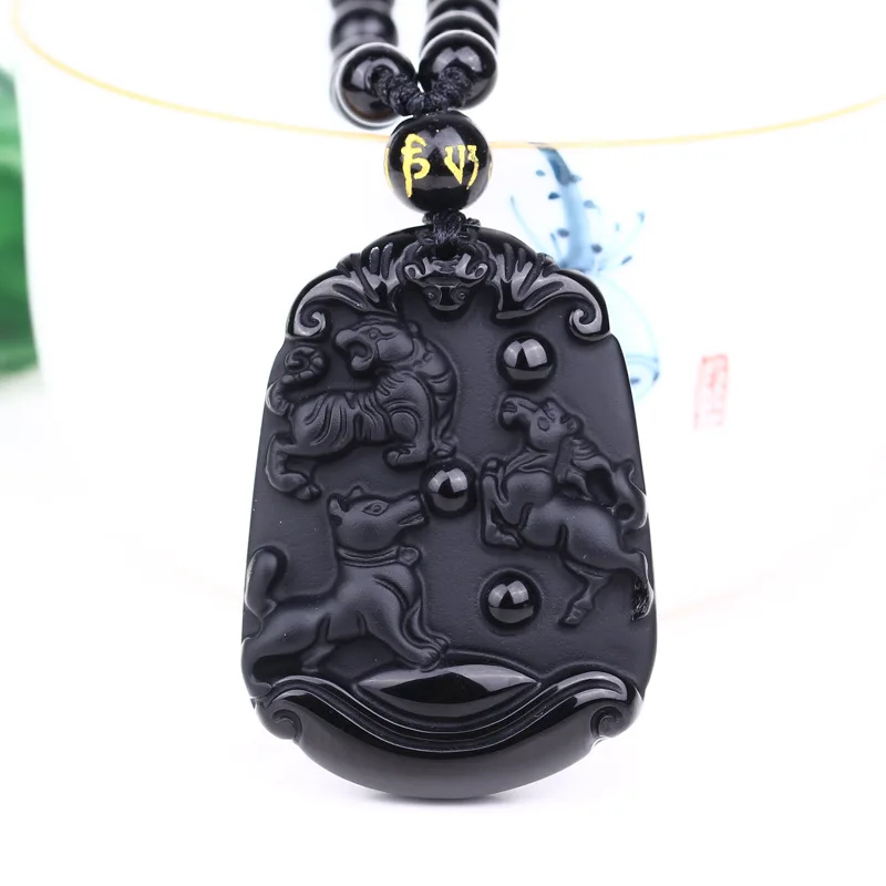 

christmas Natural Obsidian Necklace Seiko Engraving Tiger Dog Horse Patron Pendant halloween